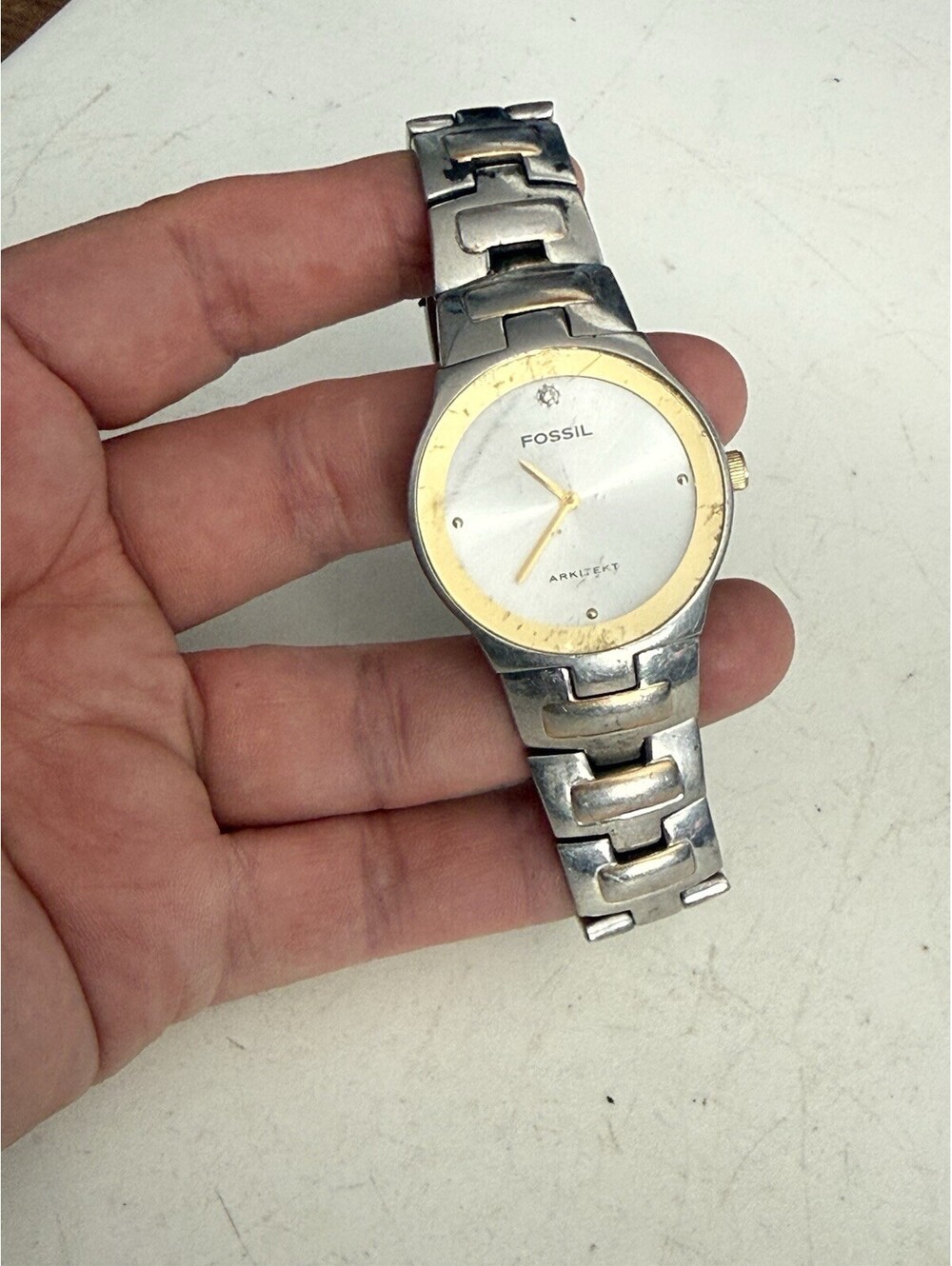 Men’s Fossil Arkitekt Silver And Gold Tone FS-3029 Watch With Dianond Accents